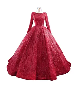特别奢华性感长袖串珠蕾丝婚纱红色舞会礼服穆斯林新娘礼服