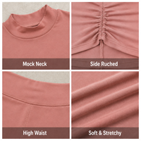 Conjunto de Dos Piezas OEM para Mujer, Color Rosa Malva, Algodón Acordonado, Cuello Alto Simulado, Manga Corta, Top Corto Fruncido, Pantalones Cortos de Cintura Alta, Conjunto de Verano para Descansar