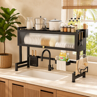 Rak Pengering Piring Modern Anti Karat Dua Tingkat Kapasitas Besar di Atas Wastafel dengan Gantungan Peralatan Makan Penyimpanan Dapur Logam