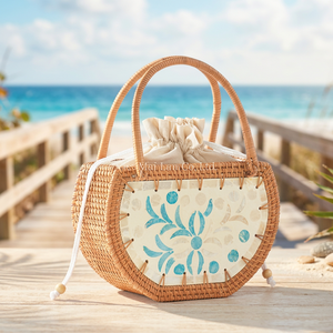 Sac à main en rotin artisanal avec incrustation de nacre et fermeture à cordon pour un style élégant, accessoires naturels faits à la main - Product Image 3