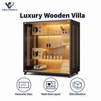 Vila para Gatos de Madeira com Vários Níveis, Portas Deslizantes de Vidro, Iluminação LED, Recortes em Formato de Cabeça de Gato e Caixa de Areia para Gatos de Interior
