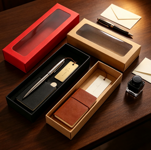 Caja de Regalo de Papel Larga Multicolor con Ventana Transparente de PVC, Caja de Embalaje Kraft Roja y Negra con Logotipo Personalizado para Guardar Espejos de Maquillaje y Bolígrafos - Product Image 5
