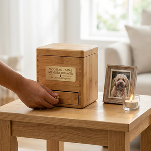 Urne funéraire fonctionnelle en bambou pour animaux de compagnie avec tiroir coulissant pour souvenirs, boîte commémorative personnalisée pour cendres et rangement de collier - Product Image 2