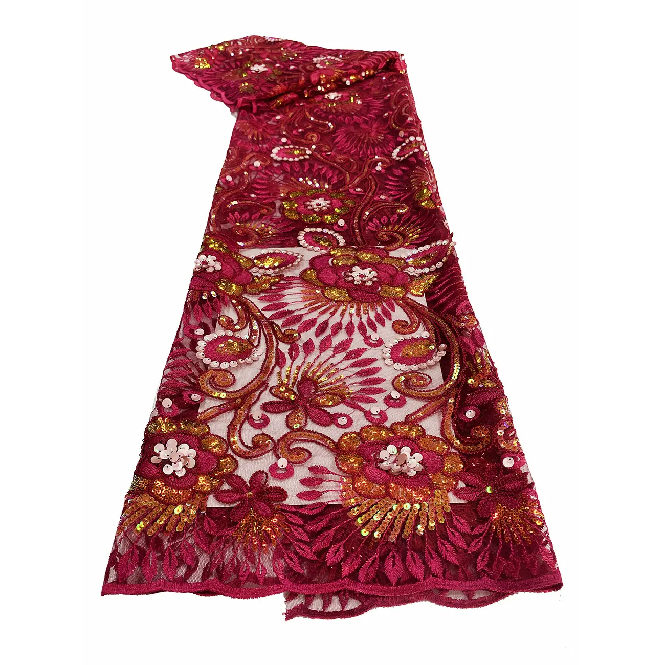 イブニングドレス用のカラフルなアフリカの高級ビーズレーススパンコール刺繍メッシュフラワー生地