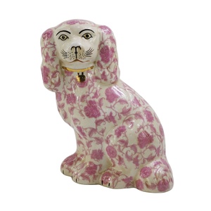 Synwish Handgeschilderde Antieke Staffordshire Reproductie King Charles Spaniel Roze Floral Foo Dog Pair Kleine Ornament Beeldjes