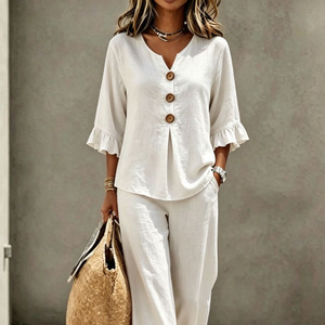 Ensemble de costume décontracté pour femmes, haut à manches trois-quarts à volants et pantalon, deux pièces, bleu clair, mélange de coton, Europe et Amérique - Product Image 4