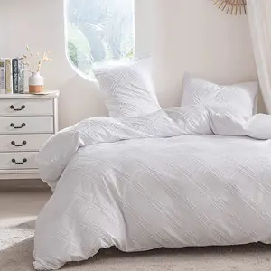 Tufted Duvet Cover Queen Comforter Cover Washed Microfiber Bedding Set Solid Duvet Cover with Diamond Pattern