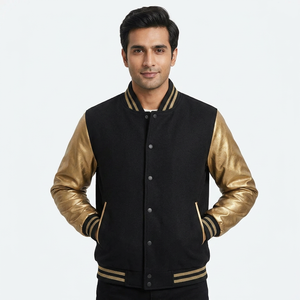 OEM Custom Men's <b>Wool</b> Embroidered Basketball Jacket 100% Genuine Cowhide Leather Stand Black Varsity Letterman Jacket for Winter - Product Image 1