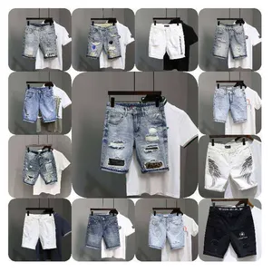 Calça jeans com entretela nova personalizada de cinco pontos para meninos, calça jeans personalizada de marca de moda de quatro estações