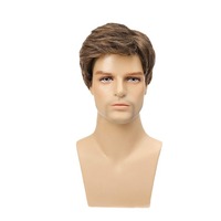 Frange latérale brune pour hommes matures européens et américains légèrement bouclés à la mode casque tout match perruque invisible garçons cheveux courts