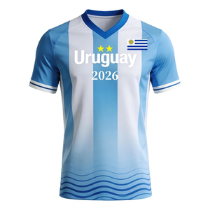 Maglietta Uruguay 2026 a Righe Celeste e Bianca, Maglia da Calcio con Bandiera e Due Stelle Campioni per Tifosi - Product Image 1