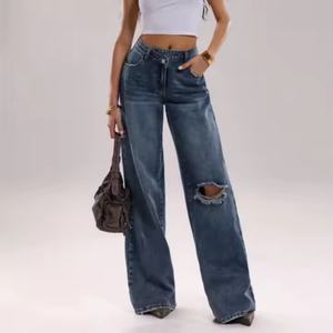 กางเกงยีนส์ขาบานเอวสูงสำหรับผู้หญิง สไตล์ลำลองสำหรับฤดูร้อน แต่งขาดดีไซน์เก๋ กระเป๋าแต่งรอยฉีก ลายเรียบๆ ทรงขากว้าง - Product Image 3