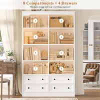 Étagère à livres moderne en bois durable et écologique, double largeur, 6 niveaux, 71 pouces de hauteur, avec 4 tiroirs, blanche, pour le bureau et le rangement à domicile