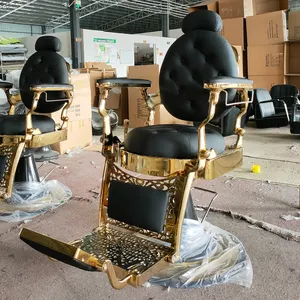 高品质复古重型黑色沙龙椅子复古美容院可调旋转金色男士理发椅
