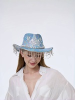 Chapeau de cowboy bohème en gros, bleu irisé, imprimé serpent, franges en strass, pour festivals, fêtes personnalisées, pour femmes
