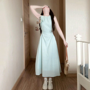 Summer 2025 Backless Long Dress Halter Neck Spaghetti Strap Dress Women Tight Waist Lattice Pattern Beach Vacation Casual Dress - Product Image 4