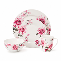 Fabricant de céramique depuis 40 ans, service de table en porcelaine fine 16 pièces, motif floral rose, décalcomanie florale, OEM, ensemble de vaisselle de luxe