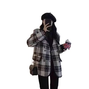 Women's Tweed Coat Black And White Checkered Medium Thickness Woven Fabric Autumn Winter Casual Loose Fit - Product Image 5