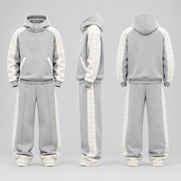 Ensemble de survêtement personnalisé pour homme avec sweat à capuche semi-boutonné, empiècements à motifs quadrillés, en molleton de coton, color block, 2 pièces, pour un style streetwear minimaliste