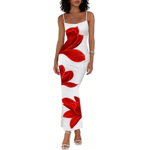 Vestido Largo sin Mangas con Tirantes Finos para Mujer, Estampado Floral Rojo, Ajustado, Formal, para Fiestas y Eventos - Product Image 5