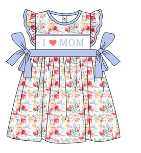 Ropa de verano para niños y niñas al por mayor, ropa floral para niños pequeños I love mom, traje para Hermanos, vestido para niños, ropa de verano fruncida - Product Image 3