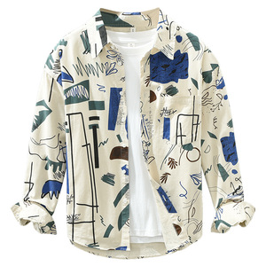Camisa Casual de Manga Larga para Hombre, Cuello Alto, Estampado Abstracto Dibujado a Mano, Manga Completa, Tejida, para Verano - Product Image 3