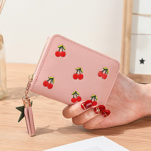 Cherry Embroidery <b>Wallet</b> Pink Women's <b>Small</b> Zipper <b>Wallet</b> With Tassel Star Charm Handmade Fashion Accessory - Product Image 1
