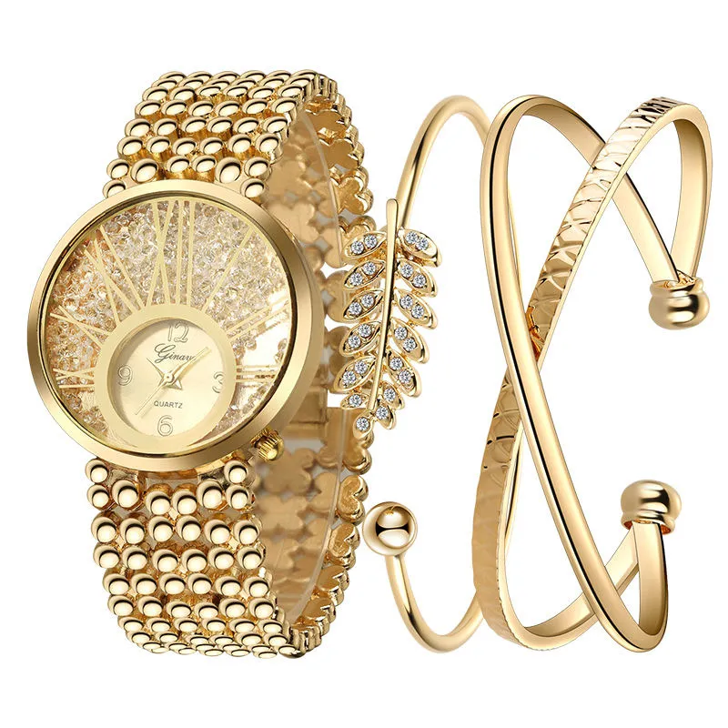 IG Iced Out Diamond 3pcs Bangle Watch Jewelry Gift Set For Ladies reloj de mujer Gold Plating Bracelet Quartz Watch Jewelry Set
