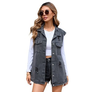 Tendance Décontracté Déchiré Lavé <span class=keywords><strong>Long</strong></span> Sans Manches Denim <span class=keywords><strong>Gilet</strong></span> Femmes <span class=keywords><strong>Veste</strong></span> - Product Image 6