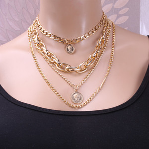 Collar de cadena de varias capas dorado con colgante de moneda para mujer, uso diario, joyería de aleación de zinc - Product Image 1