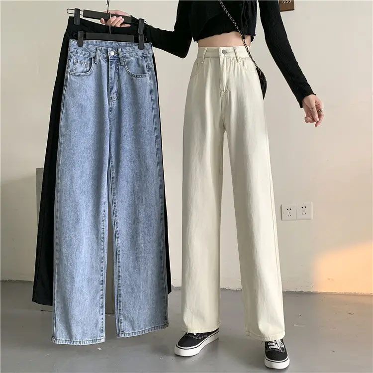 Casual blue denim straight women's long stacked jeans wide leg pants trousers korean asia jeans for women