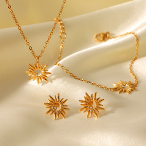 Conjunto de Joyería de Moda para Mujer: Collar, Pendientes y Pulsera de Acero Inoxidable con Diseño de Girasol y Diamantes Incrustados - Product Image 1