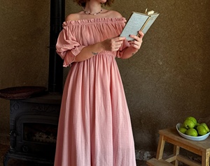 Vestido largo de manga corta acampanado con hombros descubiertos para mujer, Túnica sólida plisada, vestidos elásticos de cintura alta, vestido veraniego para mujer - Product Image 6