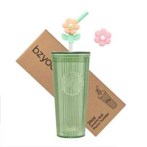 Vaso verde joven y divertido de 26oz con puntas de pajita de silicona de flores coloridas, sin BPA, apto para lavavajillas para uso doméstico y al aire libre - Product Image 1