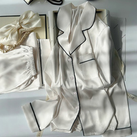 Piyama Sutra Es Wanita Musim Semi dan Gugur, Model Lengan Panjang Warna Solid, Setelan Baju Tidur Sederhana nan Elegan