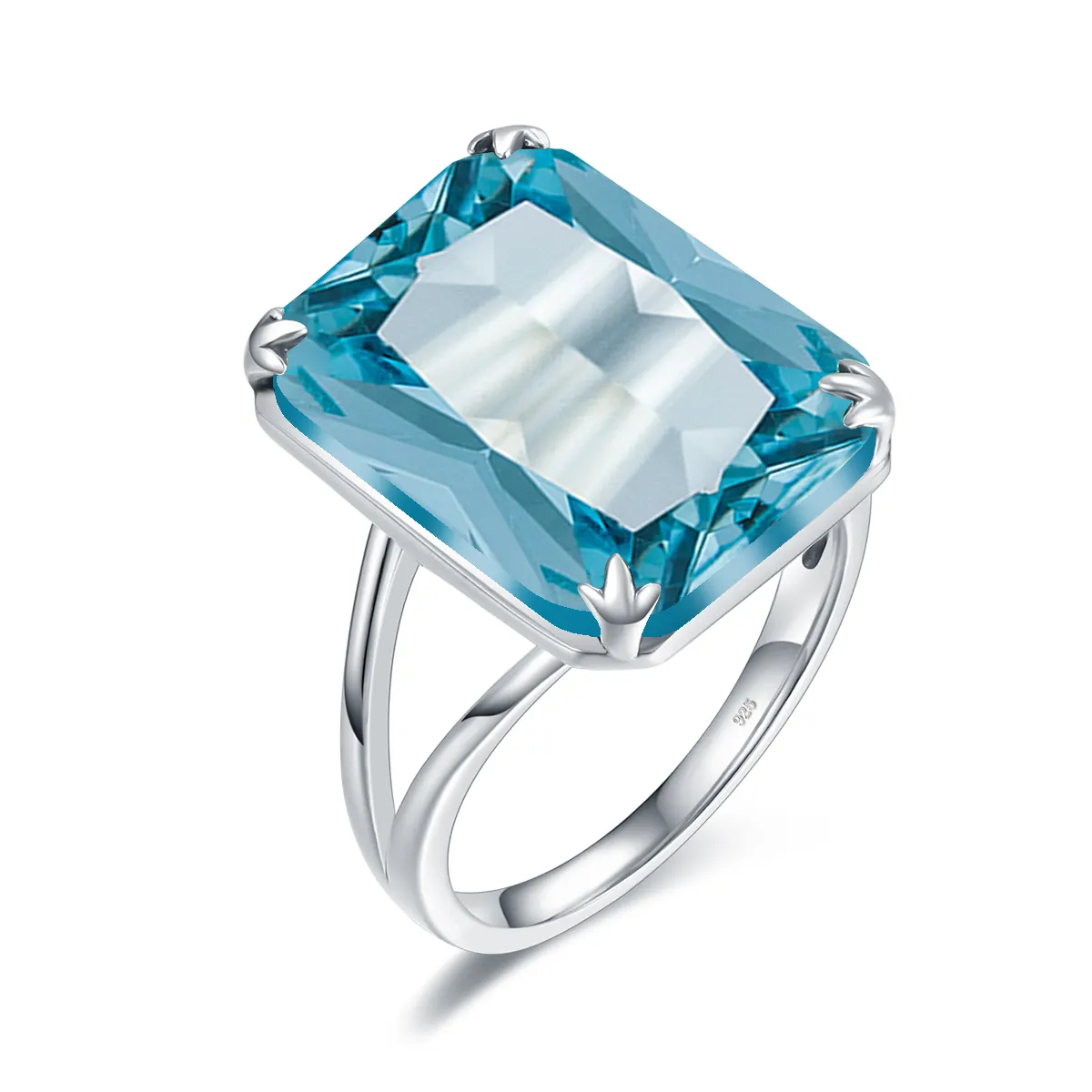 925 Sterling Silver Women Square Sky Blue Classic Aquamarine Ring Vintage Fine Jewelry