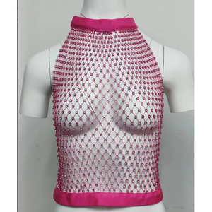 Femmes élégant perlé licou gilet haut à la mode vêtements d'extérieur en cuir véritable Denim tissu coton rempli bouton Logo décoration - Product Image 1