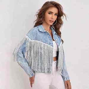 Chaquetas Vaqueras para Mujer con Flecos, Manga Larga, Chaqueta de Moda con Borlas, Estilo Casual Holgado, Chaqueta Corta, Blazer con Ondas Arcoíris para Primavera - Product Image 1