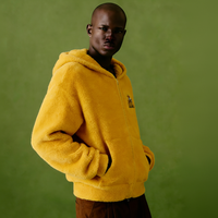 Veste polaire à capuche jaune avec patch brodé de champ de blé, poche plaquée, fermeture éclair, vêtement décontracté, sweat-shirt streetwear personnalisé
