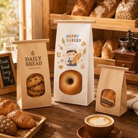 Sac en papier kraft à fenêtre avec fermeture à lien, fond plat, doublure PE de qualité alimentaire, 4 tailles, impression personnalisée OEM, emballage pour boulangerie, pain, café