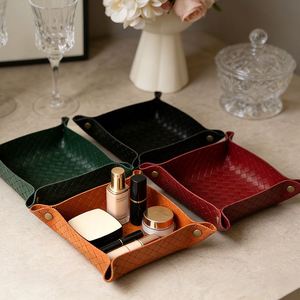 Multi-Use Woven Leather Classic Square Jewelry Organizer Makeup <b>Storage</b> Box Portable <b>Dressing</b> <b>Table</b> Earrings Rings Keys Tray - Product Image 1
