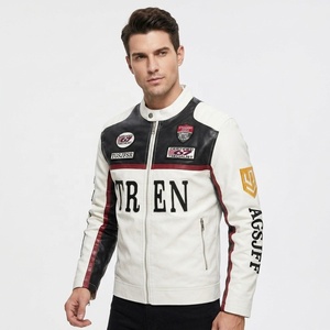 Spring Autumn Fashion Color Block Racing Motorcycle <strong>Jacket</strong> for Men <strong>Mandarin</strong> <strong>Collar</strong> PU Canvas with Embroidery - Product Image 1