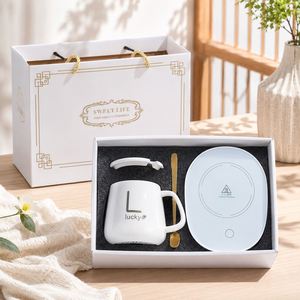 Juego de Tazas de Café de Cerámica Blancas para Oficina, con Calentador de Tazas, Tapa y Cuchara, Logotipo Personalizado, Caja de Regalo Corporativa - Product Image 1