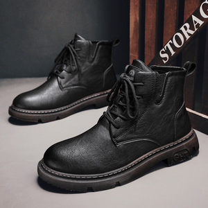 Bottes Martin pour homme, bottes décontractées d'hiver à bout rond en cuir, doublure en fourrure, semelle en caoutchouc isolante - Product Image 2