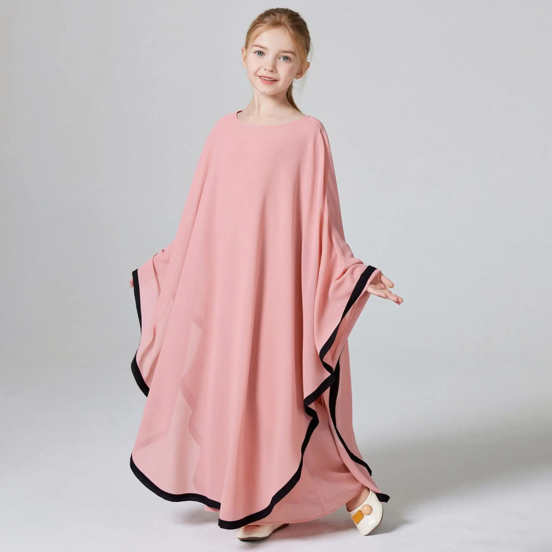 2024 NEW Ramadan Muslim girls two-piece contrast chiffon blouse shawl round neck simple dress Middle East Dubai gown