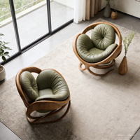 Chaise de loisir circulaire en bois massif au design moderne, coussin en cuir, base croisée, couleur de tissu personnalisable, chaise individuelle pour salon