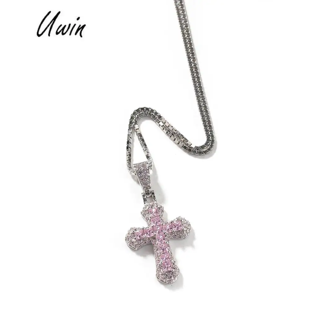 Tamanho menor Rosa Baguette CZ Cruz Pingente 925 Sterling Silver Box Cadeia Cruz Colar Presente Cadeia Partido Colar