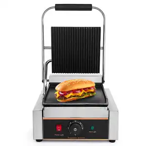 Single Plate Electric Table Top Panini Grill Machine Electric Hotplate Smokeless Grilled Meat Pan Stripe Contact Grill