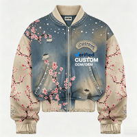 Chaqueta Oversize Personalizada con Lavado Ácido, de Peso Pesado, para Hombre, con Parches de Pedrería y Bordados, con Cremallera, Estilo Vintage Streetwear, Cortavientos