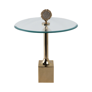 Tavolino Artistico in Vetro con Accento Geode, Base Dorata e Piano Rotondo per Piccoli Spazi - Product Image 4